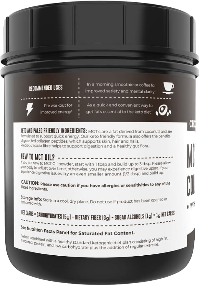 Keto MCT Oil Powder + Collagen + Prebiotic Acacia Fiber, Chocolate Flavor, 16oz. MCT Oil Powder from Coconuts. Grass Fed Collagen, Perfect for Keto, 0 Net Carb, Stevia, Erythritol, Powdered Drink
