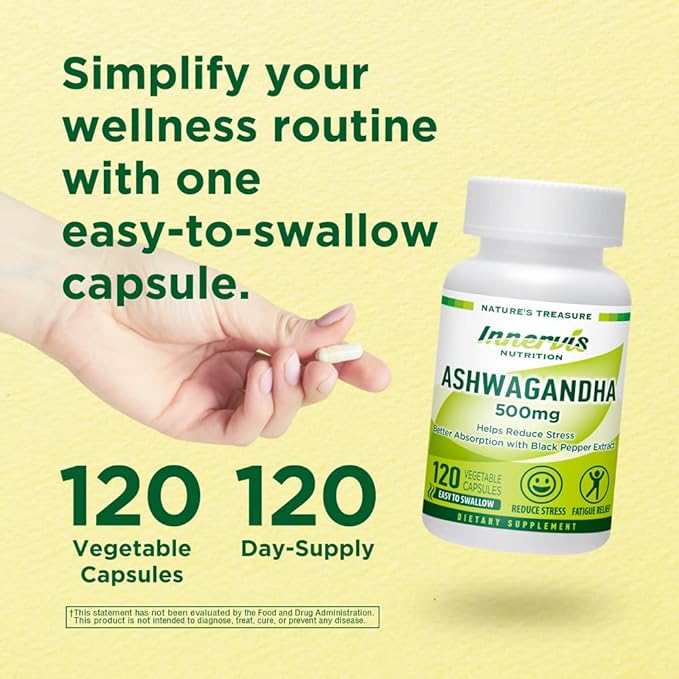 Ashwagandha 500mg with Black Pepper for Enhanced Absorption - Stress Support, Relaxation & Mood Balance -120 Vegan Capsules - Non-GMO, Made in USA, 3rd Party Lab Tested