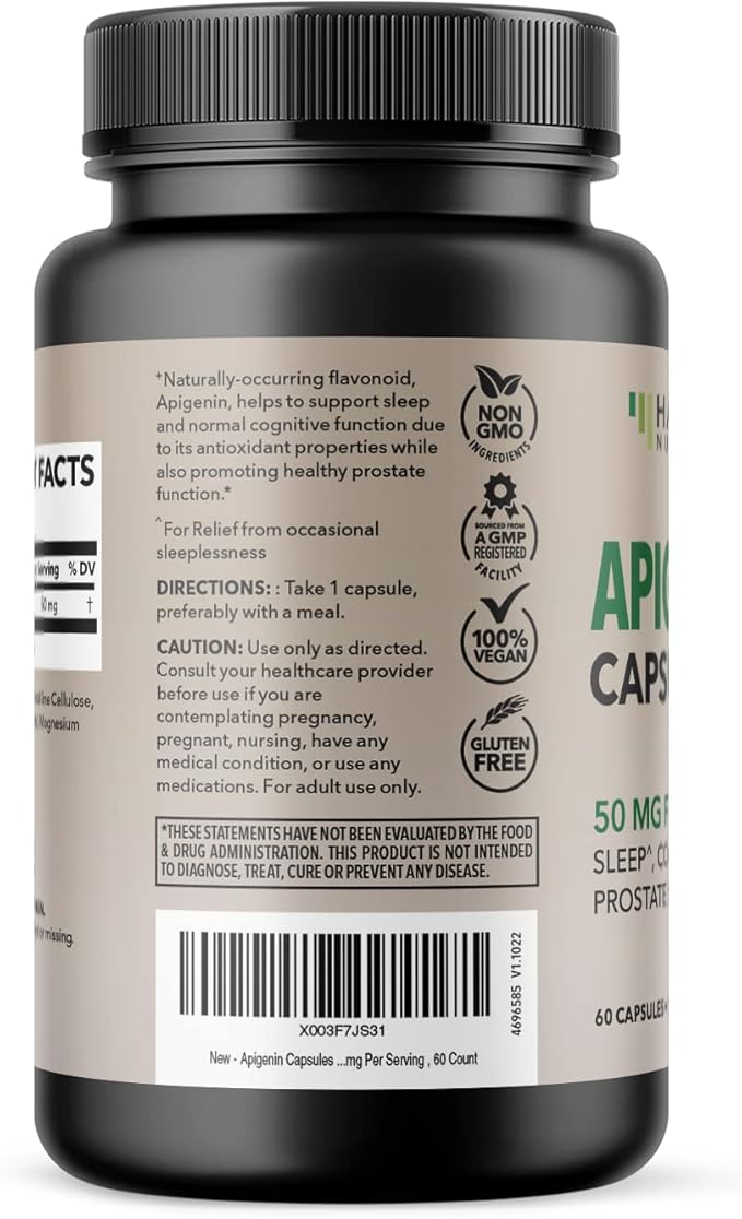 Apigenin Capsules 50mg - 60 Count, Vegan, Non-GMO, Sleep & Cognitive Support Supplement - Chamomile Flavonoid for Relaxation, Prostate Health, Melatonin-Free, Liposomal Formula for Enhanced Absorption