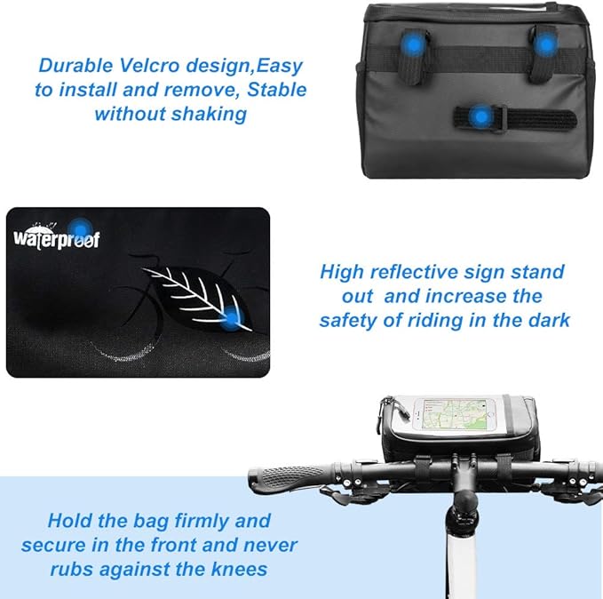WOTOW Bike Waterproof Handlebar Bag, Bicycle Front Basket Pack with Touch Screen Phone Holder, Reflective Storage Pouch 3L for Men Women Kids Outdoor Road MTB Cycling
