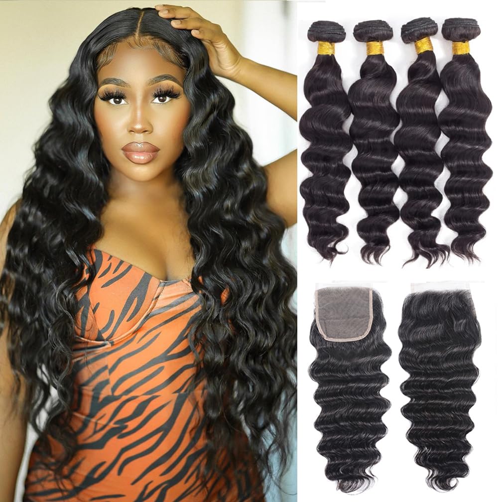 Bundles With Closure Human Hair Loose Deep Wave Bundles With Closure Pre Plucked With Baby Hair (20 22 24 26+18,Free Part) Brazi