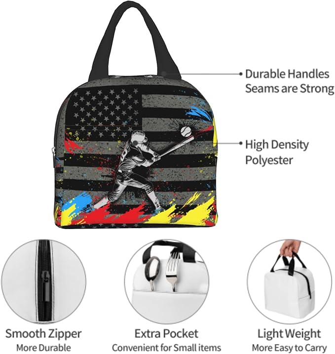 Baseball Player Lunch Bag for Sports Boys American Flag Reusable Insulated Lunch Tote Lunch Box Black Cooler Thermal Lunch Tote Bag for School Work Picnic