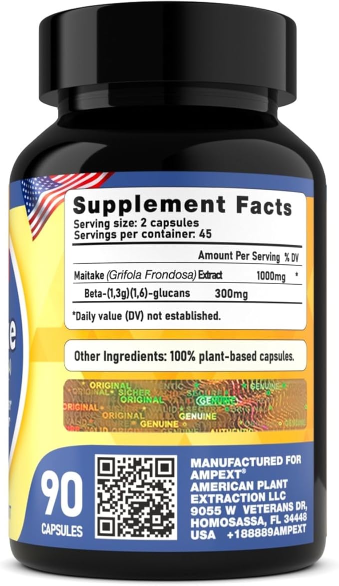 Maitake Mushroom Extract - Premium Quality, Only Fruiting Bodies, Source of Beta-Glucans, Heart & Cardiovascular Welness, Vitality & Resilience, Memory Booster, Immune Support, 90 Veg Caps.