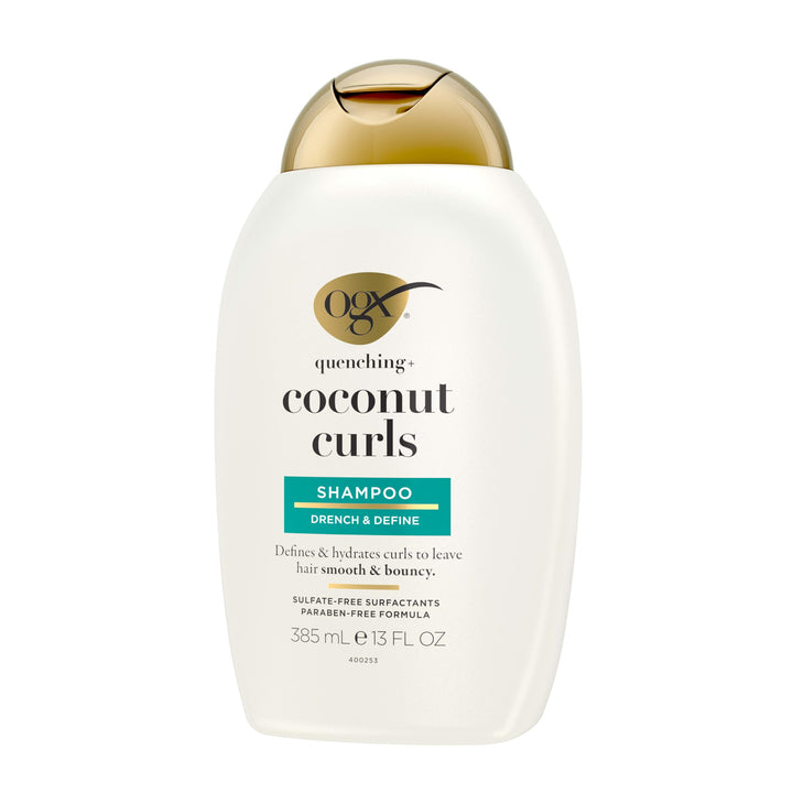 OGX Quenching + Coconut, Curl-Defining Shampoo, Hydrating & Nourishing Curly Hair Shampoo with Coconut Oil, Citrus Oil & Honey, Paraben, Sulfate-Free Surfactants, 13 floz