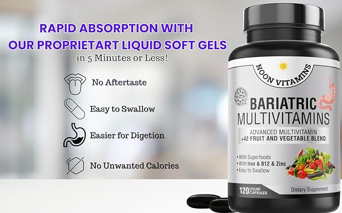 Bariatric Multivitamin with Iron for Women & Men - All-in-One 42 Superfood Blend for Energy & Immune Support - Post-Surgery Recovery, Easy-to-Swallow, Halal, Made in USA (120 Capsules)