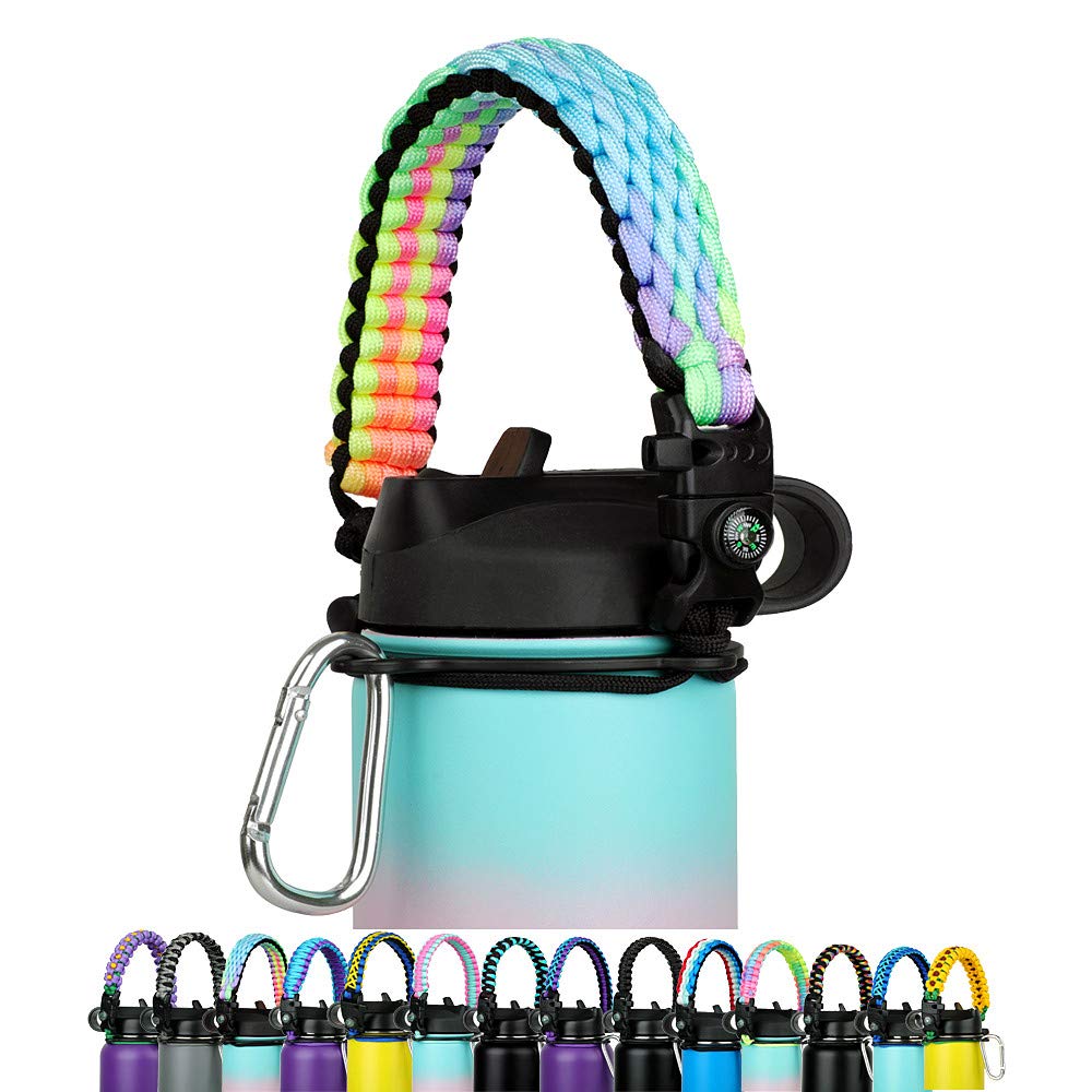 Paracord Handle - Fits Wide Mouth Bottles 12oz to 64oz - Durable Carrier, Paracord Carrier Strap Cord with Safety Ring,Compass and Carabiner - Ideal Water Bottle Handle Strap (Hawaiian Rainbow)