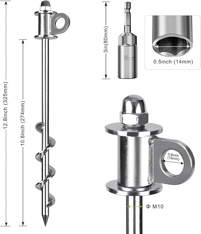 4 Pack Tent Stakes, 12 Inch Heavy Duty Ground Anchors, Full Welding, Easy to Screw in and Reusable, for Camping Tents, Trampolines, Sheds, Swing Sets, Securing Animals