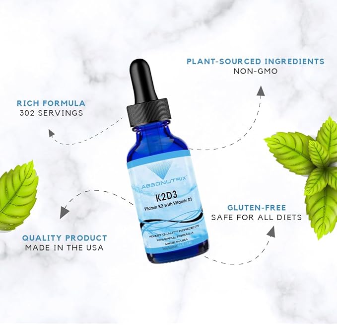 Absonutrix K2D3, 390 mg, 4 FL OZ Liquid, 302 Servings, Made in USA, Plant-Based Ingredients, Vitamin K2, Echinacea Extract, Gluten-Free, Non-GMO