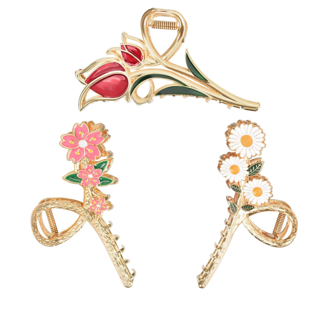 Yonchic 3-Piece Floral Metal Hair Clips: Orchid, Tulip, Daisy Barrettes for Thin/Medium Thick Hair - Elegant Strong Hold Non-Slip Catch Clip Accessories