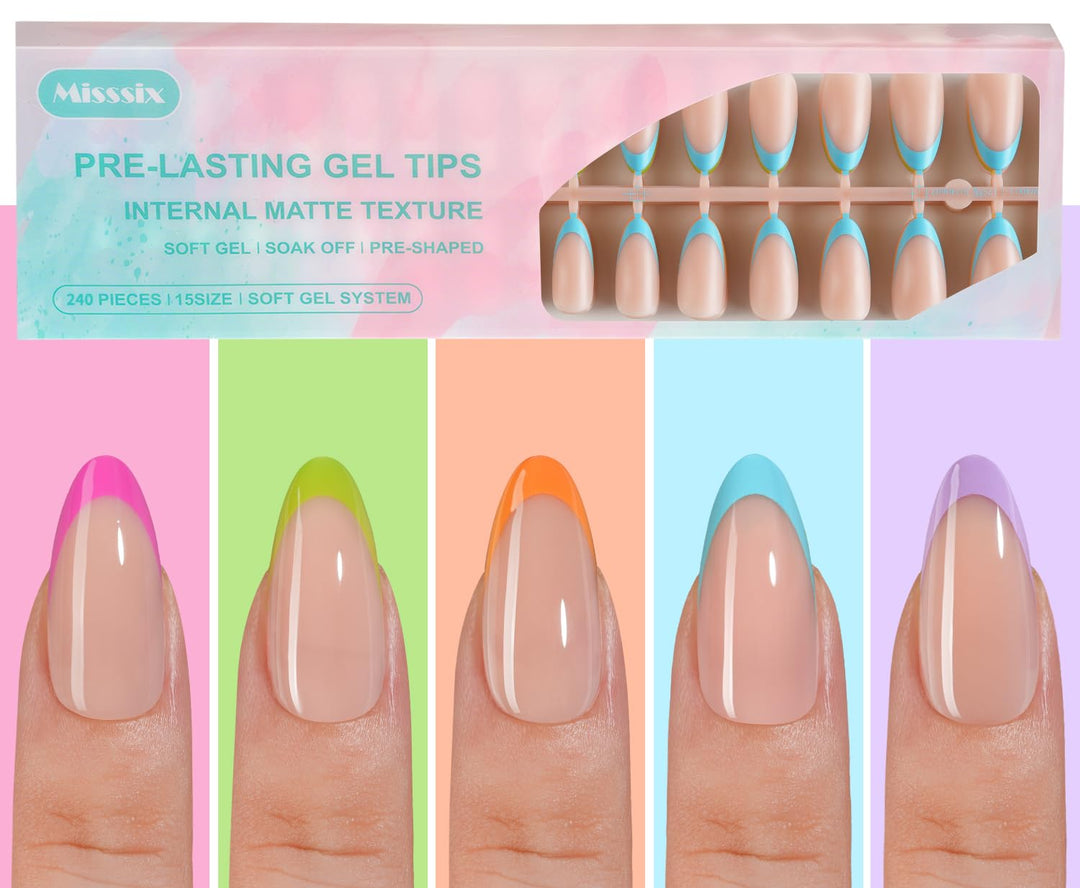 Misssix French Gel Nail Tips, 150Pcs French Tip Press on Nails Medium Almond, No Need to File Tips Pre-lasting, Fake Nails for Nail Art DIY 15 Sizes