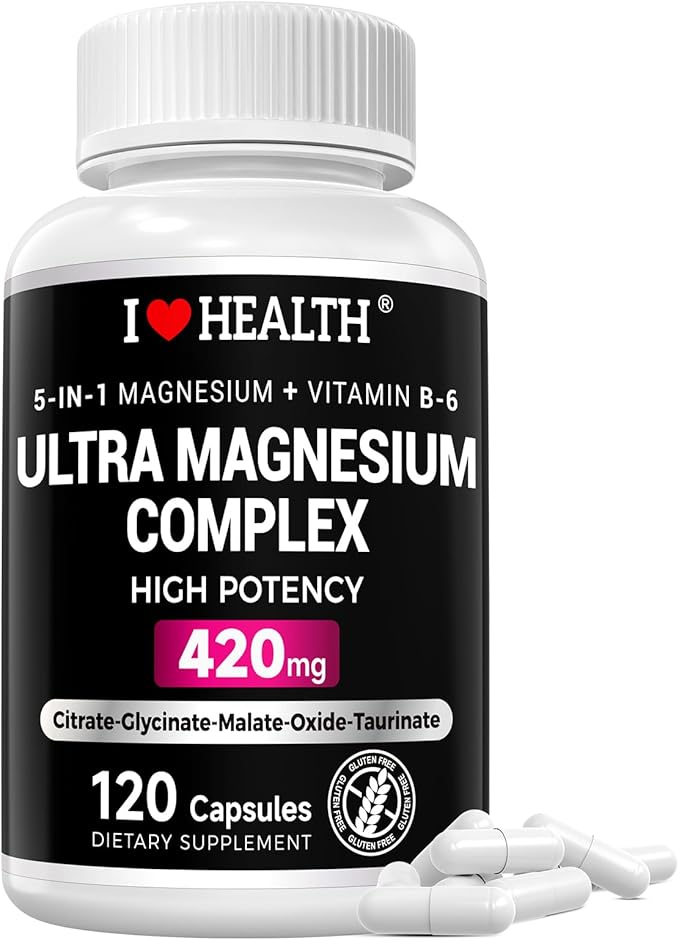 Magnesium Complex Supplement 420mg- 30mg Vitamin B6-5 in 1 Ultra Absorption Magnesium Glycinate, Oxide, Malate, Taurate & Citrate - Vegan Non-GMO Mag120 Capsules for Sleep, Muscle, Energy & Heart