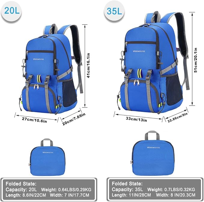 WEREWOLVES 20/35L Lightweight Hiking Backpack, Ultralight Water Resistant Packable Daypack for Women Men