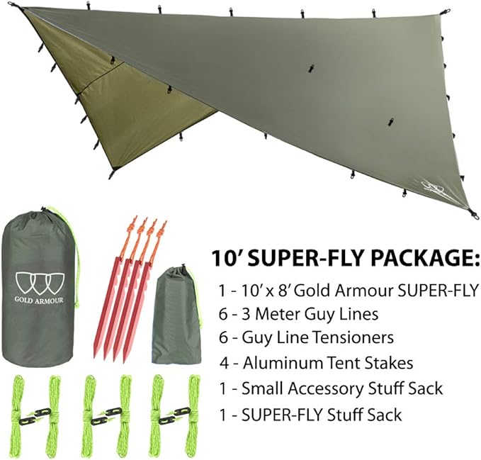 Gold Armour Rainfly Tarp Hammock, Premium 14.7ft/12ft/10ft/8ft Rain Fly Cover, Waterproof Ultralight Camping Shelter Canopy, Survival Equipment Gear Camping Tent Accessories (OD Green 10ft x 8ft)