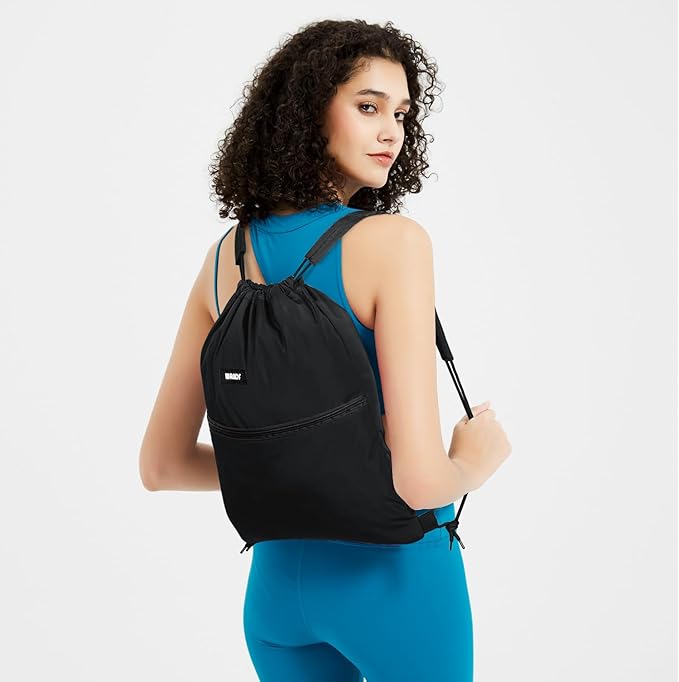 WANDF Drawstring Backpack Sports Gym Bag with Shoulder Pads Water Resistant String Bag Cinch Bag for Women Men (Black)