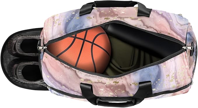 Gold Glitter Marle Dry Wet Depart Duffle Overnight Bag with Shoes Compartment & Wet Pockets, Water Resistant Weekender Travel Gym Pouch For Swim Gymnastics Ballet Sleepovers