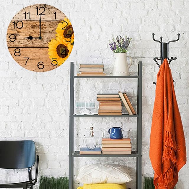 Geroclonup Sunflower Wooden Silent Non Ticking Clock 25cm, Round Wall Clock,Decorative for Living Room, Kitchen, Home,Bathroom, Bedroom, Office or School, Decor on Wood