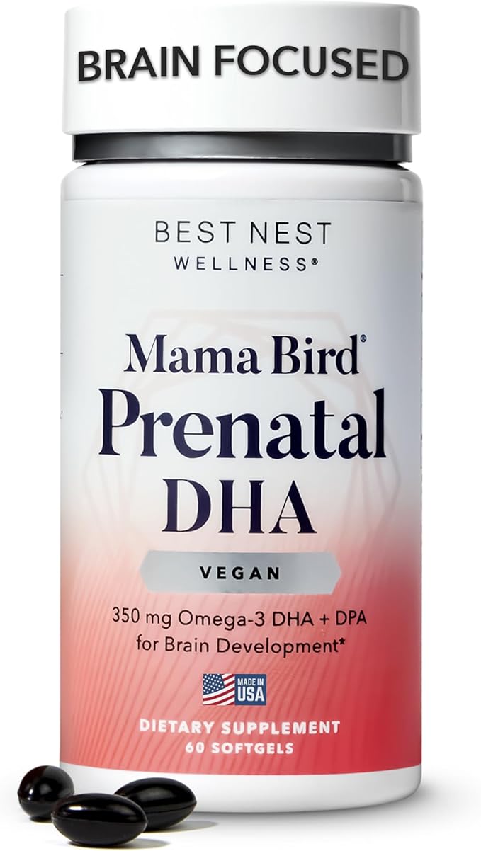 Best Nest Wellness Mama Bird Vegan Prenatal DHA - Brain & Eye Support Supplement for Baby - Vegan Prenatal Supplement with Algae DHA - Nutritional Supplement for Mom - 60 Softgels