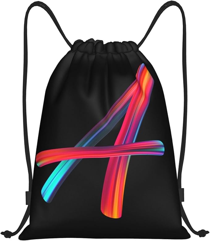 Drawstring Bags Initial Drawstring Backpack Sackpack Black Draw String Cinch Bags for Sports, Gym, Travel, Swimming, Beach, Camping, Rainbow Letter A