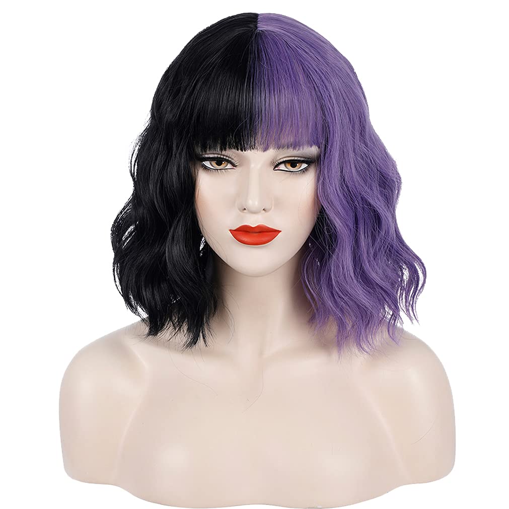 PATTNIUM Black Purple Wig Half purple Wig Short Curly Wig With Bangs Split Wig for Women Heat Resistant Synthetic Hair Cosplay Party Wig (Black and Purple)