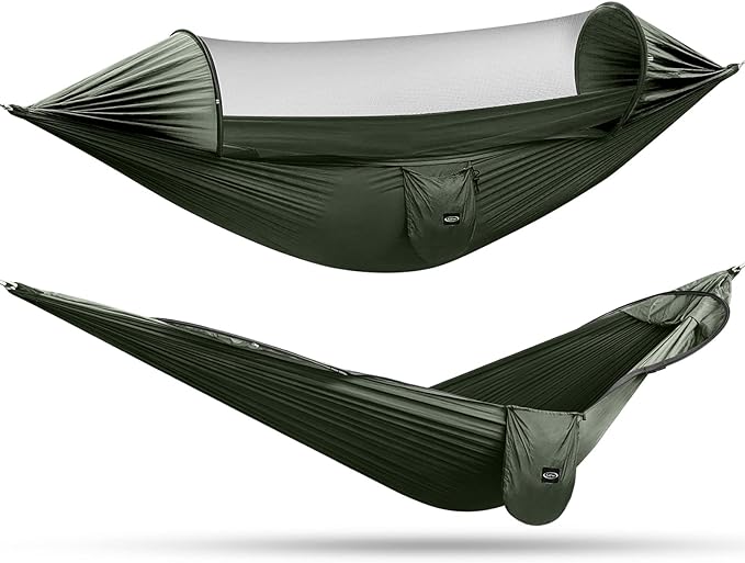 G4Free Large Camping Hammock with Mosquito Net 2 Person Pop-up Parachute Lightweight Hanging Hammocks Tree Straps Swing Bed for Outdoor Backpacking Backyard Hiking