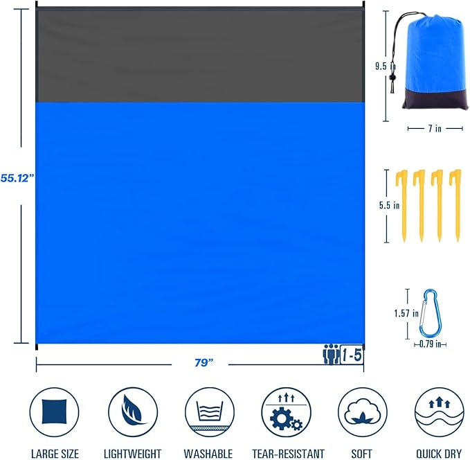 Beach Blanket Sandproof Waterproof, Beach Essentials Extra Large Beach Mat, 79" X 55" Oversized Durable Outdoor Picnic Mat Storage Bag for 1-4 Adults, Beach Accessories for Travel, Camping, Hiking
