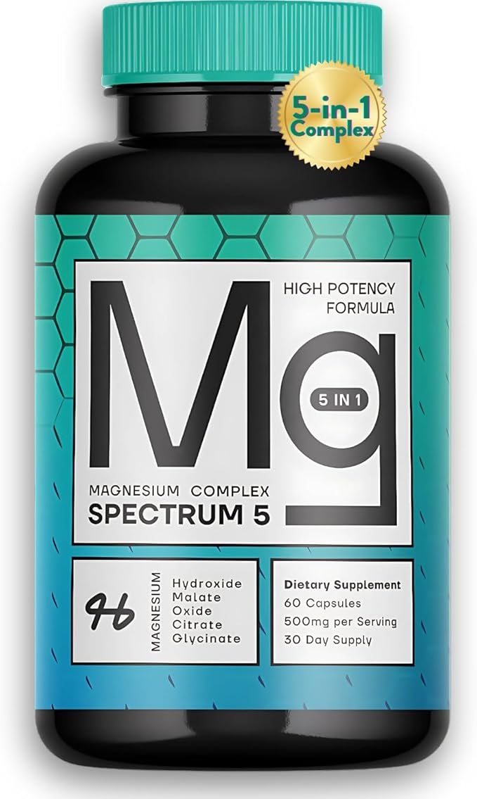 5-in-1 Magnesium Complex Spectrum 5 | 500mg of Magnesium Glycinate, Malate, Citrate, Oxide & Hydroxide for Muscles, Nerves, & Energy | High Absorption | Vegan, Non-GMO | 60 Capsules