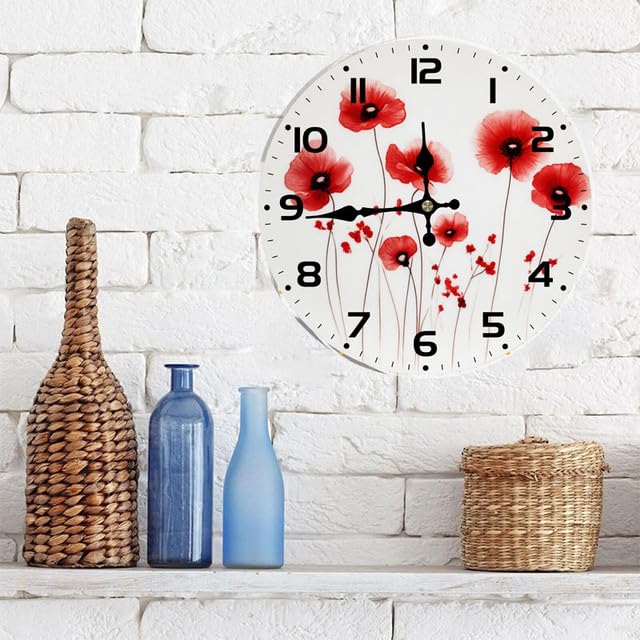 Geroclonup Home Decor Red Flower Wall Clock Hello Spring 25cm Round Wall Clocks Battery Operated Silent Shabby Chic Wall Decor Home Decor for Living Room Kitchen Bedroom Office
