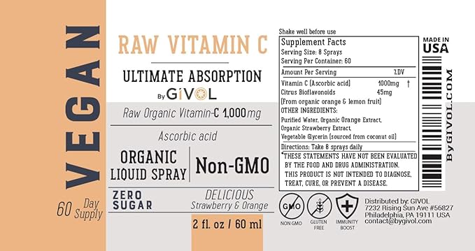 Vitamin C Extra Strength Spray: Daily Absorption Liquid Extract with Lemon, Orange, Strawberry, Rich in Ascorbic Acid, 2oz (60ml) 60 Day Supply