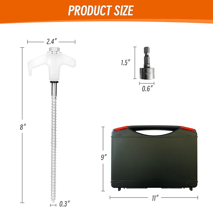 12 Pack Tent Stakes Heavy Duty - 8" Ground Anchors Screw in - Camping Stakes with Grow in The Dark Heads - Metal Threaded Tent Spikes with Hex Head Driver and Storage Box