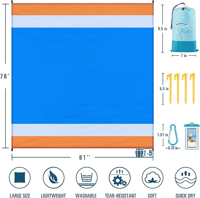 Beach Blanket Sandproof Waterproof 78''×81''1-5 Adults Oversized,Compact Lightweight Durable Beach Mat for Travel Camping Hiking Picnic Blanket