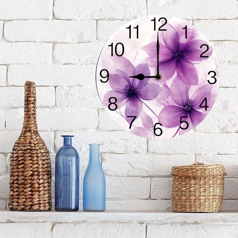 Geroclonup Round Wall Clocks Purple Flowers Wood Quartz Battery Operated Rustic Home Decor Handing Clocks for Living Room Kitchen Bedroom Bathroom Large Numbers Silent -25 cm