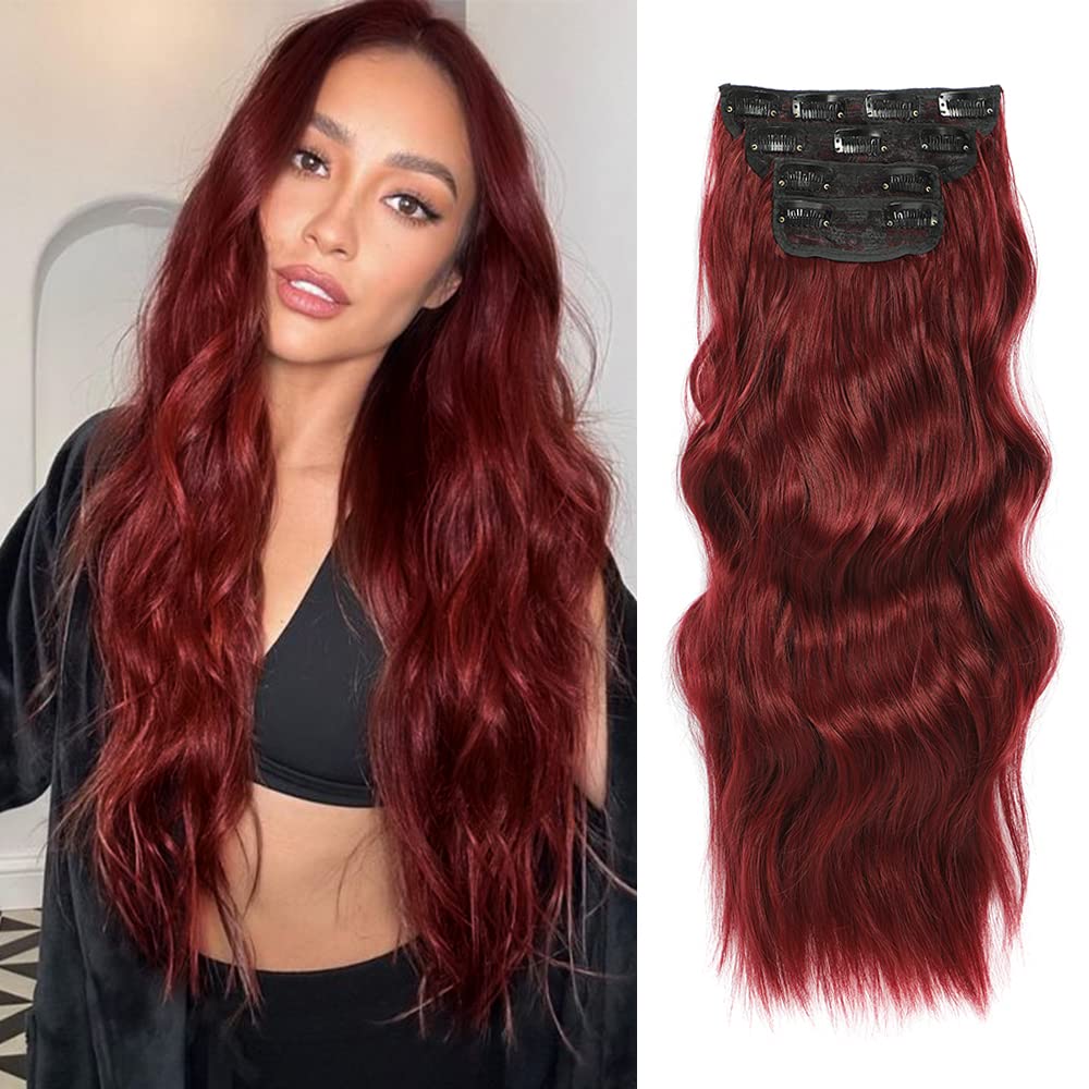 4Pcs Clip In Hair Extensions 20Inch Long Wavy Hair Extensions Clip Ins Synthetic Thick Hair Piece For Women (Red)