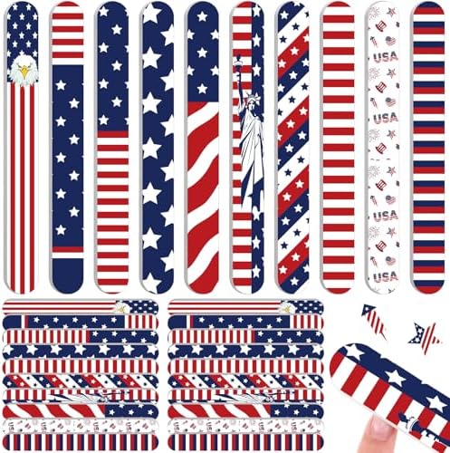 60 Pack 4th of July Nail Files Independence Day Gifts for Women Patriotic American Flag Pattern Emery Boards, Double Sided 180 Grit Professional Fingernails Tool Memorial Day Favors