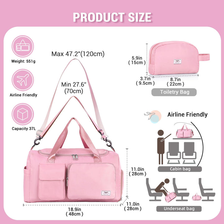 FIORETTO Women's Water-Resistant Gym Duffle Bag with Shoes Compartment, 37L Capacity, Multi-Functional, Ideal for Travel, Gym, Sports, Weekender, with Toiletry Bag, Pink