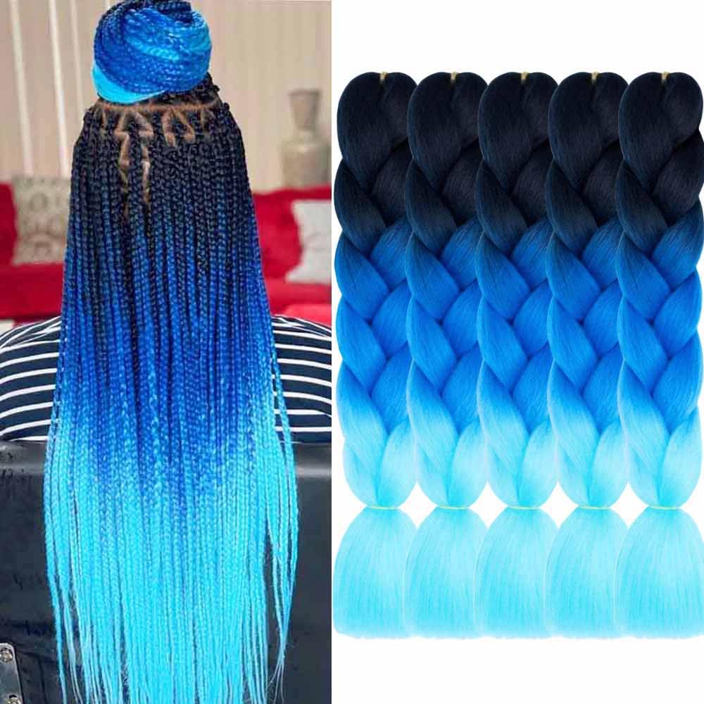 Aidusa Ombre Blue Braiding Hair 5Pcs Synthetic Ombre Braiding Hair Extensions 24 Inch Afro Braiding Hair For Women 3 Tone Twist