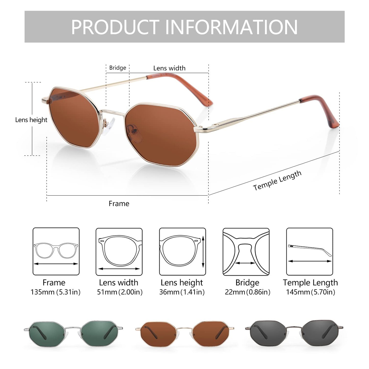 ZENOTTIC Small Octagonal Polarized Sunglasses for Women Men Hippie Metal Frame Retro Rectangle Sun Glasses