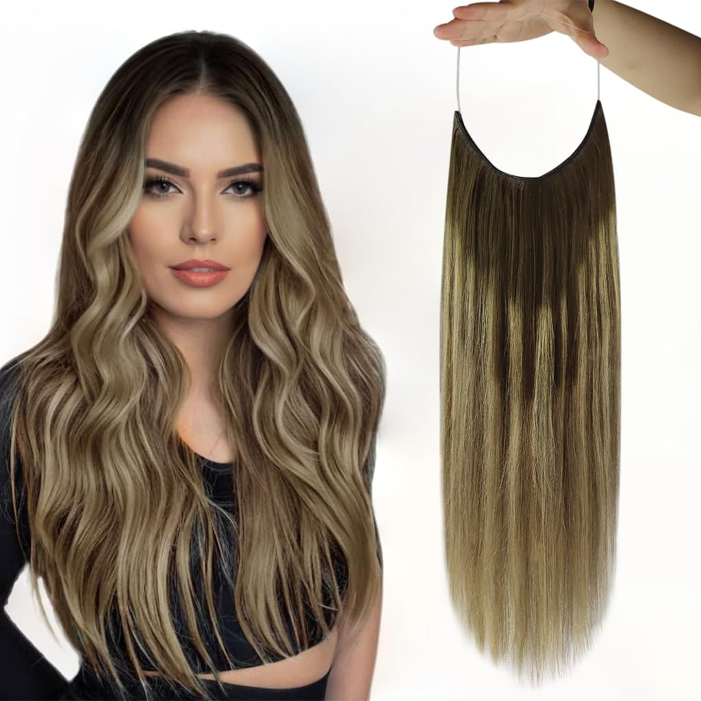 Fshine Invisible Wire Hair Extensions Real Human Hair Balayage Brown Ombre Ash Brown Mix Blonde Fishing Line Hair Extensions 10 Inch Secret Hairpiece Clip in One Piece Remy Hair Extension 50G