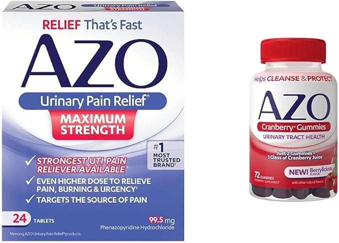 AZO Urinary Pain Relief Maximum Strength (24 Count) Fast Relief of UTI Pain, Burning & Urgency + Cranberry Urinary Tract Health Gummies, 2 Gummies = 1 Glass of Cranberry Juice 72 Count
