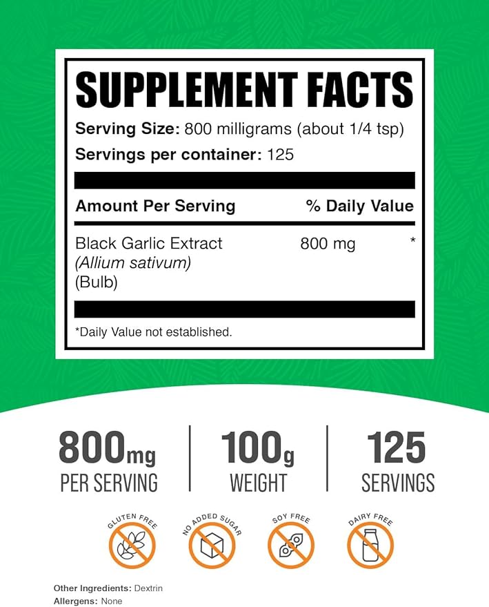 BulkSupplements.com Black Garlic Extract Powder - Aged Garlic Extract, Herbal Supplement - Vegan & Gluten Free, 800mg per Serving, 100g (3.5 oz) (Pack of 1)