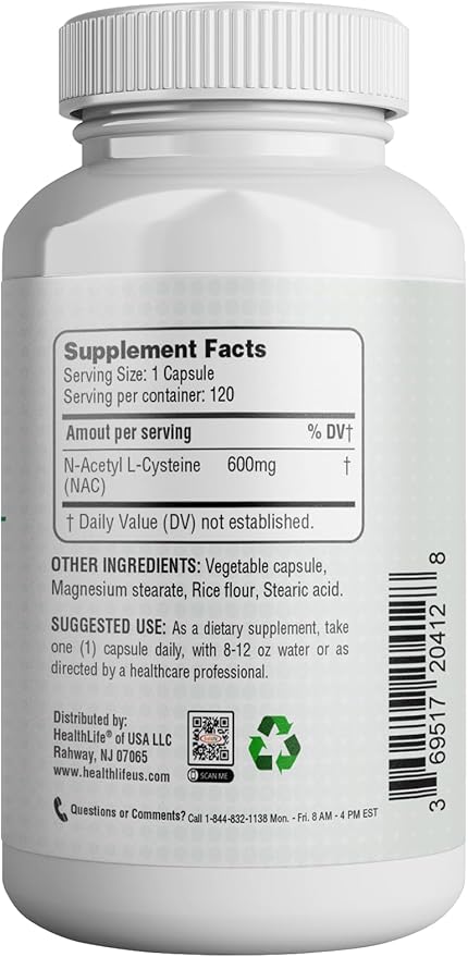 HEALTH LFE HealthLife N-Acetyl L-Cysteine (NAC) 600mg, 120 Capsules - Non-GMO, Gluten Free, 120 Servings