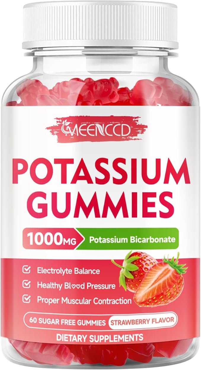 Potassium Gummies 1000mg, Potassium Bicarbonate Supplement for Adults & Kids, Potassium Supplement for Electrolyte Balance & Muscle Heath, Sugar-Free, Strawberry Flavor, 60 Count