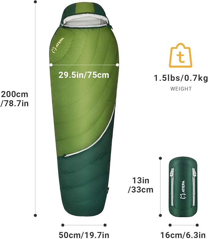 ATEPA Down Sleeping Bag for Adults, 650FP Ultralight 3 Season Compact Packable Sleeping Bag with Compression Sack for Camping Backpacking Hiking