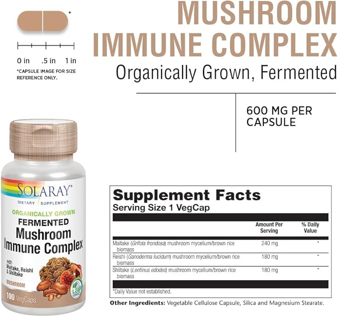 SOLARAY Organically Grown Fermented Mushroom Immune Complex 600 mg | Healthy Immune Function Support | 100 VegCaps