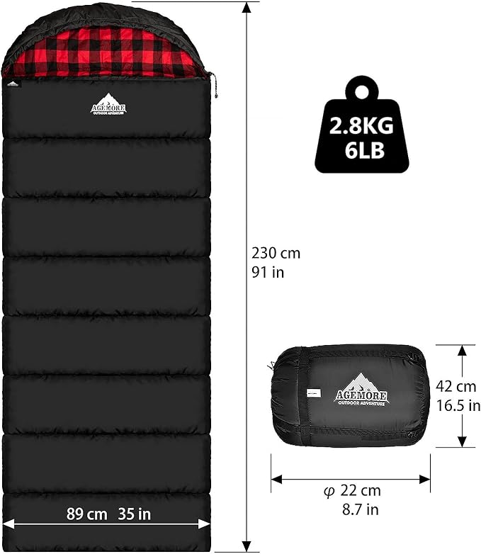 AGEMORE Cotton Flannel Sleeping Bag XL for Camping, Envelope Sleeping Bags for Adults 91"X35", Great for 3-4 Season Traveling, Hiking & Outdoor Activities, Waterproof Comfort with Compression Sack