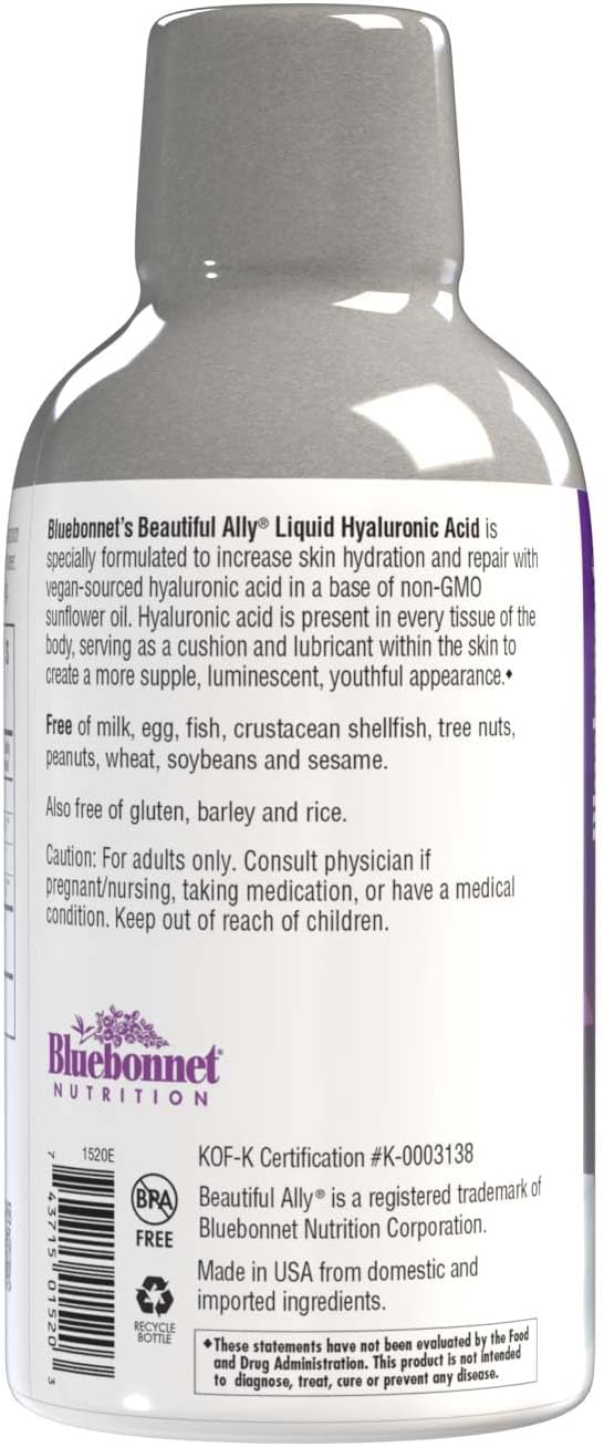 Bluebonnet Nutrition Beautiful Ally Liquid Hyaluronic Acid, Nurture Radiant Skin*, Non-GMO, Vegan, Kosher Certified, Gluten-Free, Soy-Free, Dairy-Free, Mixed Berry Flavor, 16 fl oz, 32 Servings