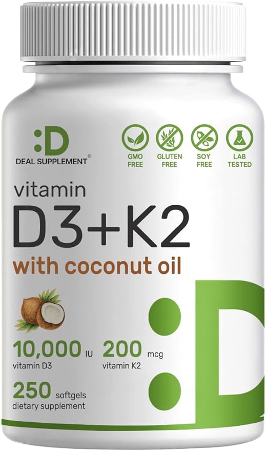 DEAL SUPPLEMENT Vitamin D3 10,000 IU + K2 MK7 200 mcg, Infused with Virgin Coconut Oil, 250 Softgels, Double Strength Vitamin D & K, Promotes Heart, Bone & Teeth Health - Very Easy to Swallow