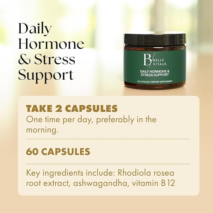 BODi Belle Vitale Daily Hormone & Stress Support - Ashwagandha & Rhodiola - Helps Combat Stress & Supports Healthy Cortisol Levels - Vitamin B12 Help Energy Metabolism & Immune Health - 60 Capsules