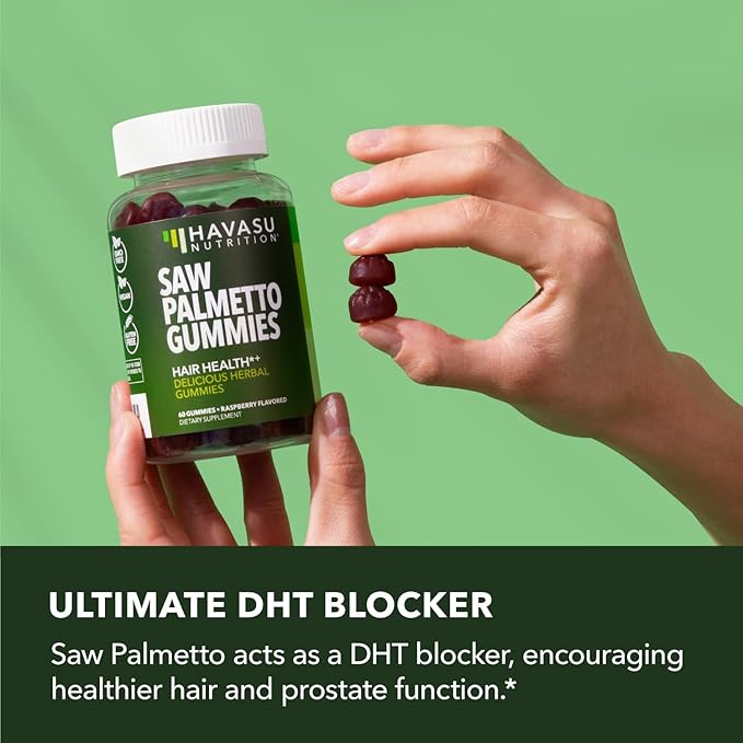 Saw Palmetto for Men Gummies - DHT Blocker Supplement for Hair Health and Male Patterned Balding - 120 Count - Supports Scalp and Prostate Wellness - Raspberry Flavor - Vegan, Non-GMO, 2 Month Supply