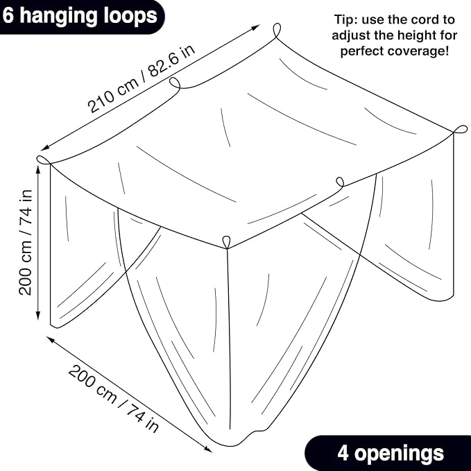 Black Mosquito Net for Single to King-Sized Beds – 4 Side Openings & 6 Hanging Loops – Decorative Rectangular Shape for Home & Travel – Bed Canopy Hanging Kit & Carrying Bag Included