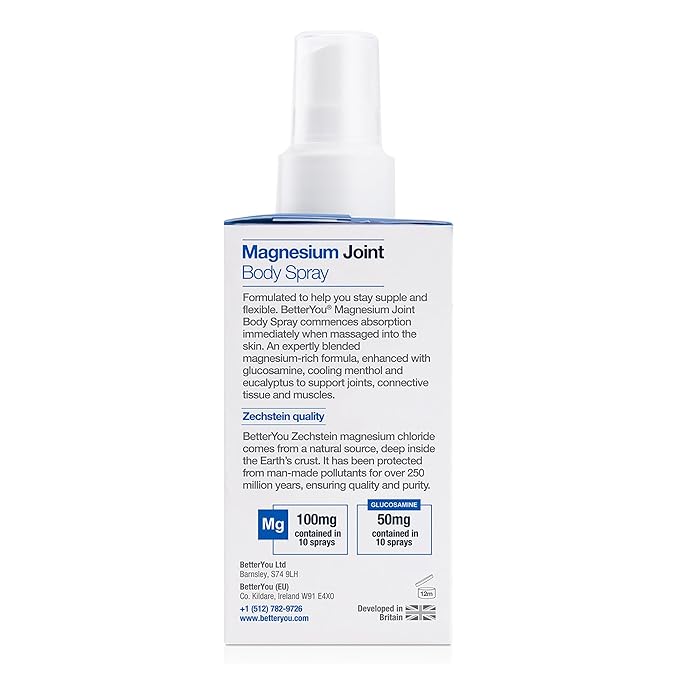 BetterYou Magnesium Joint Body Spray - Muscle Relief Spray - Topical Magnesium Chloride and Glucosamine - Cooling Menthol and Eucalyptus - 3.38 oz